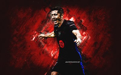 robert lewandowski, fc barcelona, polonyalı futbolcu, kırmızı taş arka plan, grunge art, la liga, ispanya, futbol