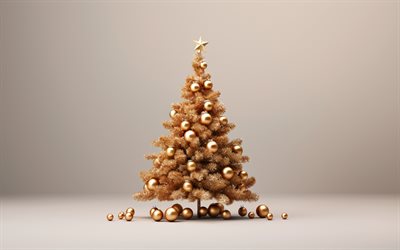 albero di natale d'oro, buon anno, albero di natale 3d, decorazioni natalizie dorate, capodanno, background di natale