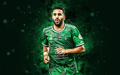 riyad mahrez, 4k, luci al neon verde, al ahli fc, campionato professionale saudita, calciatori algerini, riyad mahrez 4k, calcio, riyad mahrez al ahli, al ahli saudi football club