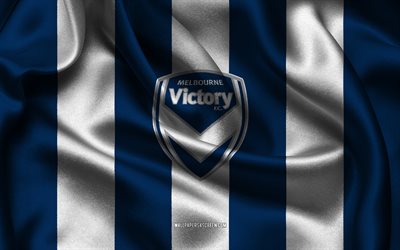 4k, logo fc victory melbourne, tessuto di seta blu, squadra di calcio australiana, melbourne victory fc emblem, a league, melbourne victory fc, australia, calcio, flag di melbourne victory fc