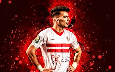 Ahmed Sayed, 4k, red neon lights, Zamalek FC, Egyptian Premier League, Egyptian footballers, Ahmed Sayed 4K, football, soccer, Zizo, Zamalek SC, Ahmed Sayed Zamalek