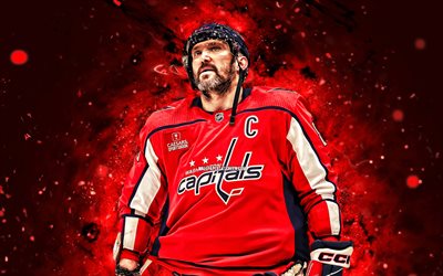 Alexander Ovechkin, 4k, red neon lights, Washington Capitals, NHL, Russian hockey players, Alexander Ovechkin 4K, hockey, Alex Ovechkin, National Hockey League, Alex Ovechkin Washington Capitals