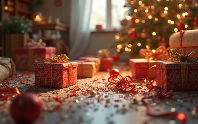 weihnachtsgeschenke, 4k, frohe weihnachten, rote geschenkboxen, frohes neues jahr, weihnachtskonzepte, weihnachtsabend, weihnachten