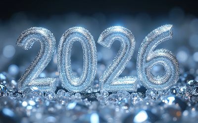 2026년 새해, 4k, 2026 파란색 빛나는 숫자, 2026 새해 복 많이 받으세요, 2026 컨셉, 크리스탈로 만든 2026 숫자, 네온 불빛, 2026년 새해 복 많이 받으세요, 검정색 배경