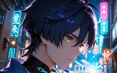 4k, vagabundo, ojos verdes, calle, impacto de genshin, noche, luces de meon, personajes de anime, obra de arte, vidrieras, violinista, personajes de impacto de genshin, impacto del vagabundo genshin