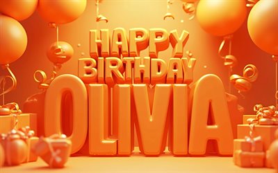 4k, alles gute zum geburtstag, olivia, rosa hintergrund, olivia name, rosa geschenkboxen, olivia geburtstag, 3d ballons, beliebte amerikanische weibliche namen, rosa luftballons, bild mit olivias namen