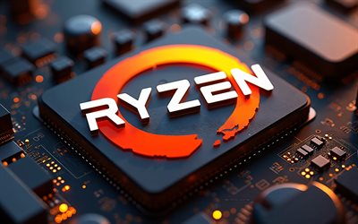 orangefarbenes 3d logo von ryzen, motherboard mit schwarzer technologie, ryzen emblem, ryzen prozessoren, amd ryzen, ryzen zeichen, ryzen