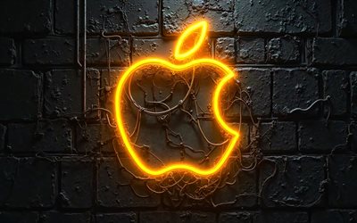 apple gelbes neon logo, 4k, kreativ, schwarzer brickwall hintergrund, marken, apple neon logo, drähte, elektronik, apple logo, apple 3d logo, apfel