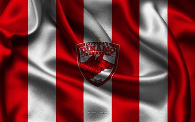 4k, FC Dinamo Bucuresti logo, red white silk fabric, Romanian football team, FC Dinamo Bucuresti emblem, Liga I, FC Dinamo Bucuresti, Romania, football, Dinamo Bucuresti