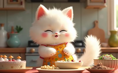 weißes, flauschiges kätzchen bereitet essen zu, 4k, katze in der küche, kochkonzepte, weißes flauschiges kätzchen, süße kätzchen, kleine weiße katze, küche