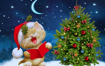 السنة الجديدة, 4k, هريرة, عيد الميلاد, القط, عيد الميلاد الديكور, x-ماس شجرة