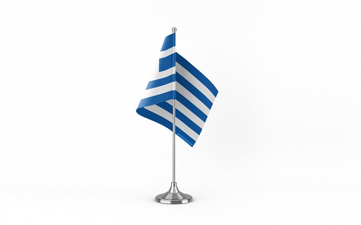 4k, ギリシャのテーブル フラグ, 白色の背景, ギリシャの旗, 金属棒のギリシャの旗, 国のシンボル, ギリシャ, ヨーロッパ