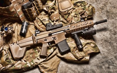 cicatriz fn, rifle de asalto de combate de las fuerzas de operaciones especiales, rifle marrón, municiones de fuerzas especiales, arma de las fuerzas especiales, camuflaje marrón, rifles modernos