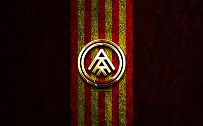 FC Andorra golden logo, 4k, red stone background, La Liga 2, spanish soccer club, FC Andorra logo, soccer, FC Andorra emblem, LaLiga2, FC Andorra, football, Andorra FC
