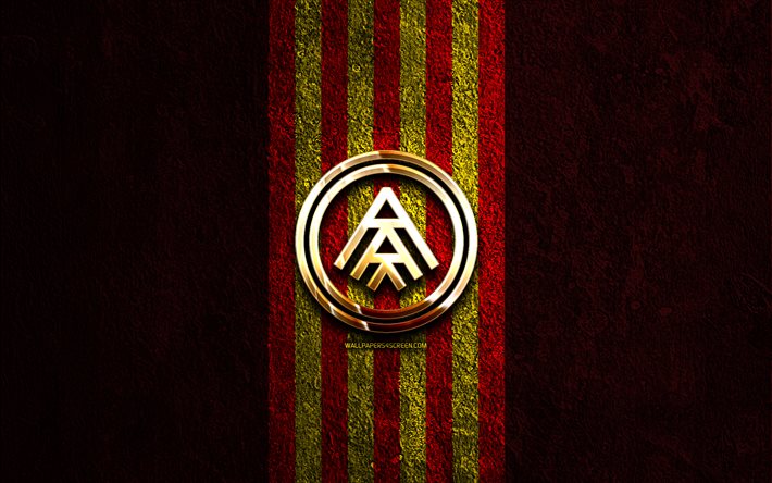 FC Andorra golden logo, 4k, red stone background, La Liga 2, spanish soccer club, FC Andorra logo, soccer, FC Andorra emblem, LaLiga2, FC Andorra, football, Andorra FC