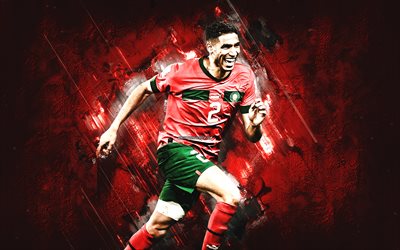 achraf hakimi, fußballnationalmannschaft marokkos, marokkanischer fußballspieler, mittelfeldspieler, porträt, katar 2022, marokko, roter steinhintergrund