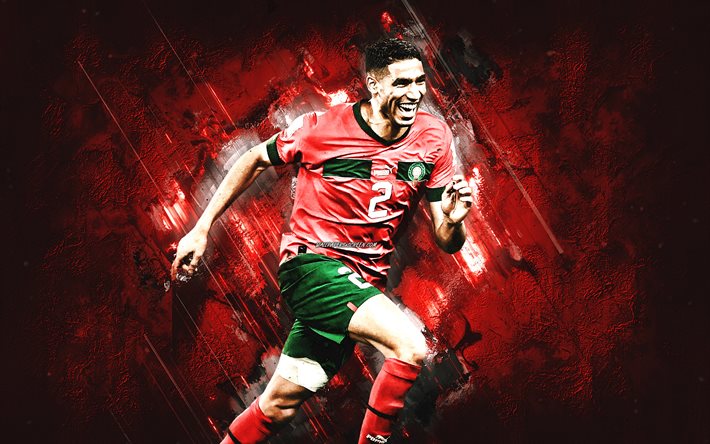 achraf hakimi, marockos fotbollslandslag, marockansk fotbollsspelare, mittfältare, porträtt, qatar 2022, marocko, röd sten bakgrund