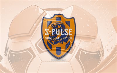 Shimizu S-Pulse glossy logo, 4K, orange football background, J1 League, soccer, japanese football club, Shimizu S-Pulse 3D logo, Shimizu S-Pulse emblem, Shimizu S-Pulse FC, football, sports logo, Shimizu S-Pulse logo, Shimizu S-Pulse