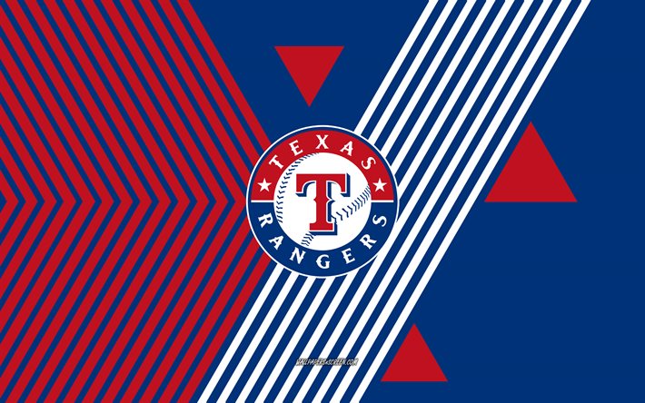 texas rangers logosu, 4k, amerikan beyzbol takımı, mavi kırmızı çizgiler arka plan, teksas korucuları, mlb, amerika birleşik devletleri, hat sanatı, texas rangers amblemi, beyzbol