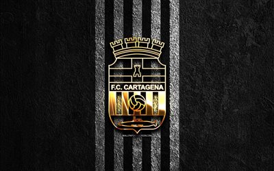 logo dorado fc cartagena, 4k, fondo de piedra negra, la liga 2, club de futbol español, escudo fc cartagena, fútbol, laliga2, fc cartagena, cartagena fc