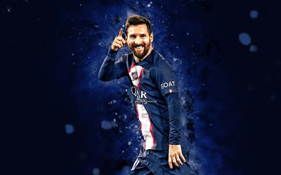 4k, Lionel Messi, joy, blue neon lights, PSG, Ligue 1, goal, soccer, Paris Saint-Germain FC, Lionel Messi 4K, argentine football players, Leo Messi, Paris Saint-Germain, football, Lionel Messi PSG