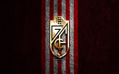 Granada CF golden logo, 4k, red stone background, La Liga 2, spanish soccer club, Granada CF logo, soccer, Granada CF emblem, LaLiga2, Granada CF, football, Granada FC