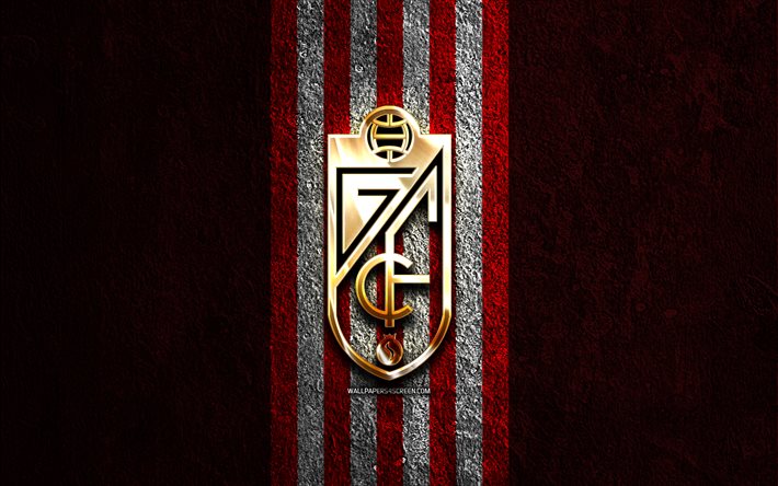 Granada CF golden logo, 4k, red stone background, La Liga 2, spanish soccer club, Granada CF logo, soccer, Granada CF emblem, LaLiga2, Granada CF, football, Granada FC