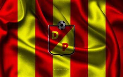 4k, Deportivo Pereira logo, yellow red silk fabric, Colombian football team, Deportivo Pereira emblem, Categoria Primera A, Deportivo Pereira, Colombia, football, Deportivo Pereira flag