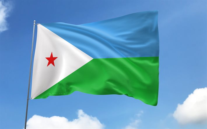 bandeira do djibuti no mastro, 4k, países africanos, céu azul, bandeira do djibuti, bandeiras de cetim onduladas, símbolos nacionais do djibuti, mastro com bandeiras, dia do djibuti, áfrica, djibuti
