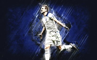 Harry Kane, England national football team, Qatar 2022, striker, English football player, blue stone background, football, England