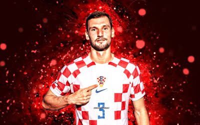Borna Barisic, 4k, red neon lights, Croatia National Team, soccer, footballers, red abstract background, Croatian football team, Borna Barisic 4K