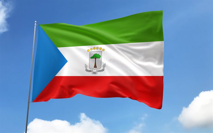 Equatorial Guinea flag on flagpole, 4K, African countries, blue sky, flag of Equatorial Guinea, wavy satin flags, Equatorial Guinea flag, Equatorial Guinea national symbols, flagpole with flags, Day of Equatorial Guinea, Africa, Equatorial Guinea
