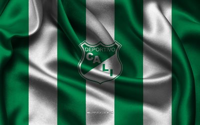 4k, logotipo do deportivo cali, tecido de seda branco verde, time de futebol colombiano, emblema do deportivo cali, categoria primeira a, deportivo cali, colômbia, futebol, bandeira do deportivo cali