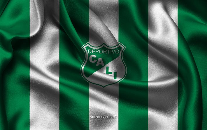 4k, logo del deportivo cali, tessuto di seta bianco verde, squadra di calcio colombiana, emblema del deportivo cali, categoria prima a, deportivo cali, colombia, calcio, bandiera del deportivo cali