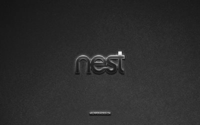 google nest logosu, markalar, gri taş arka plan, google nest amblemi, popüler logolar, google yuvası, metal işaretler, google nest metal logosu, taş doku