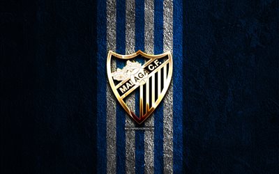 goldenes logo von málaga cf, 4k, hintergrund aus blauem stein, liga 2, spanischer fußballverein, málaga cf logo, fußball, málaga cf emblem, liga2, málaga cf, málaga fc