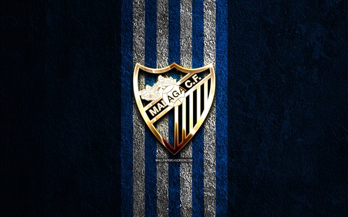 Malaga CF golden logo, 4k, blue stone background, La Liga 2, spanish soccer club, Malaga CF logo, soccer, Malaga CF emblem, LaLiga2, Malaga CF, football, Malaga FC