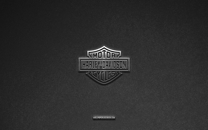 Harley-Davidson logo, brands, gray stone background, Harley-Davidson emblem, popular logos, Harley-Davidson, metal signs, Harley-Davidson metal logo, stone texture