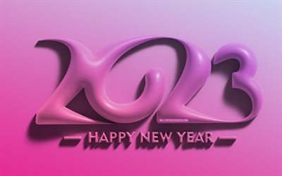 2023 Happy New Year, 4k, minimalism, purple 3D digits, 2023 concepts, creative, 2023 3D digits, Happy New Year 2023, 2023 purple background, 2023 year