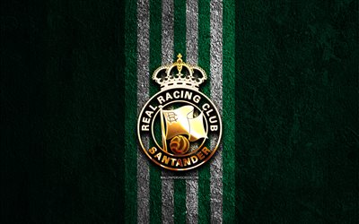 racing santander kultainen logo, 4k, vihreä kivi tausta, la liga 2, espanjalainen jalkapalloseura, racing santander  logo, jalkapallo, kilpa santanderin tunnus, laliga2, kilpailu santanderissa, kilpailu santander fc
