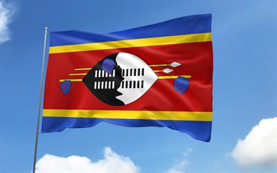 Eswatini flag on flagpole, 4K, African countries, blue sky, flag of Eswatini, wavy satin flags, Eswatini flag, Eswatini national symbols, flagpole with flags, Day of Eswatini, Africa, Eswatini
