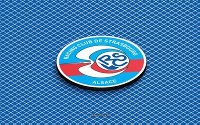 4k, rc strasbourg alsace isometrisk logotyp, 3d konst, fransk fotbollsklubb, isometrisk konst, rc strasbourg alsace, blå bakgrund, ligue 1, frankrike, fotboll, isometriskt emblem, rc strasbourg alsace logotyp