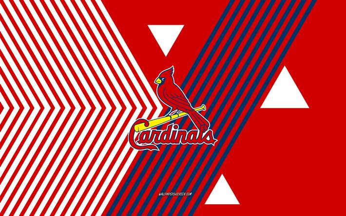 logo cardinals de saint louis, 4k, équipe américaine de base ball, fond de lignes bleues rouges, cardinaux de saint louis, mlb, etats unis, dessin au trait, emblème des cardinaux de st louis, base ball