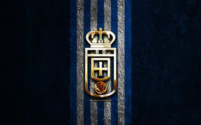 Real Oviedo golden logo, 4k, blue stone background, La Liga 2, spanish soccer club, Real Oviedo logo, soccer, Real Oviedo emblem, LaLiga2, Real Oviedo, football, Real Oviedo FC