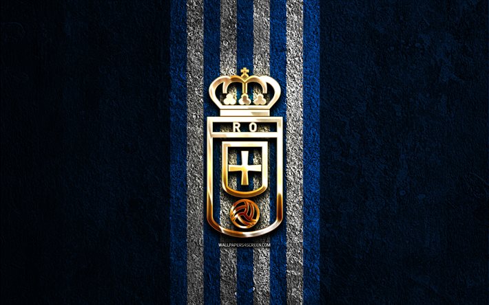 goldenes logo von real oviedo, 4k, hintergrund aus blauem stein, liga 2, spanischer fußballverein, echtes oviedo logo, fußball, echtes oviedo emblem, liga2, echtes oviedo, real oviedo fc