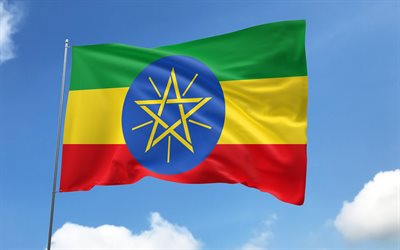 Ethiopia flag on flagpole, 4K, African countries, blue sky, flag of Ethiopia, wavy satin flags, Ethiopian flag, Ethiopian national symbols, flagpole with flags, Day of Ethiopia, Africa, Ethiopia flag, Ethiopia