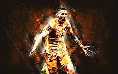 Wout Weghorst, Netherlands national football team, portrait, dutch football player, striker, orange stone background, Qatar 2022, football