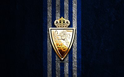 レアル サラゴサのゴールデン ロゴ, 4k, 青い石の背景, ラ リーガ 2, スペインサッカークラブ, レアル サラゴサのロゴ, サッカー, レアル サラゴサのエンブレム, ラ・リーガ2, レアル サラゴサ, フットボール, レアル・サラゴサfc