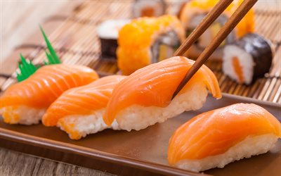 interesse, 4k, macro, comida asiática, sushi, rolos, comida rápida, nigiri, comida japonesa, foto com sushi