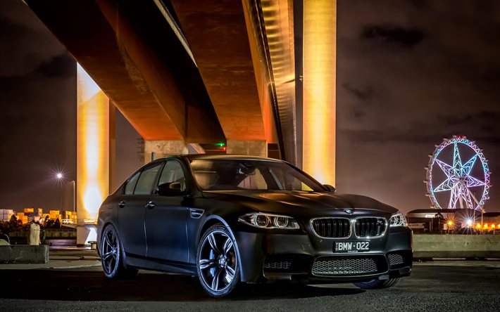 sedans, night, 2015, BMW M5, F10, bridge, black bmw